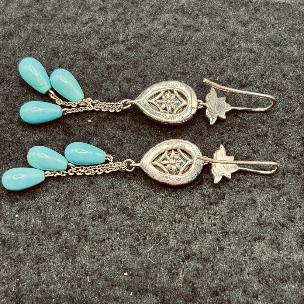 925 Sterling Silver Turquoise Dangle Earrings Floral Teardrop Boho Southwest